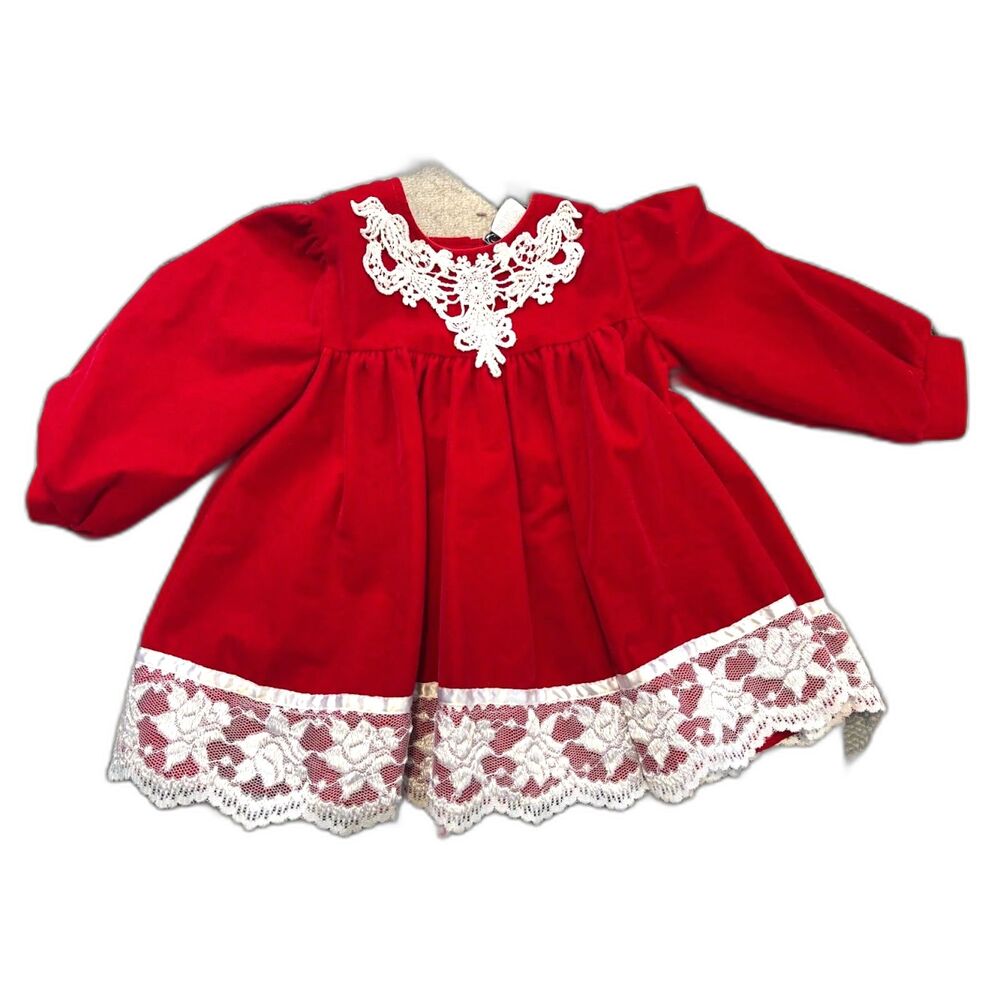 JoLene Vintage Baby Girl's dress Holiday Christmas Red Velvet Lace Trim Sz 18m